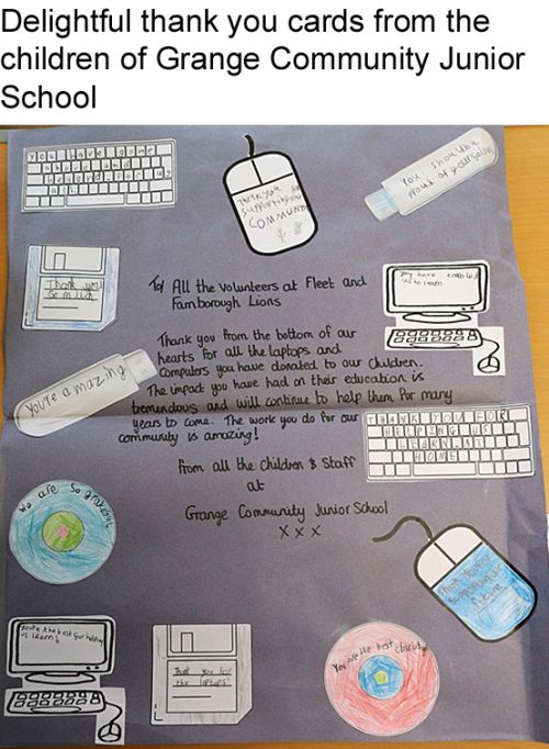 A thank you card from the children of Grange Community Junior School